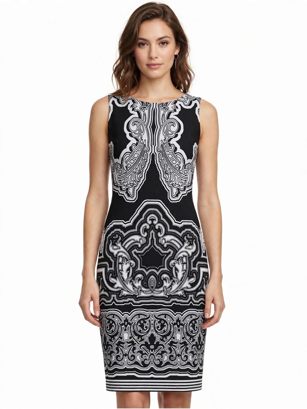 INC International Concepts Black & White Ornate Print Sheath Dress